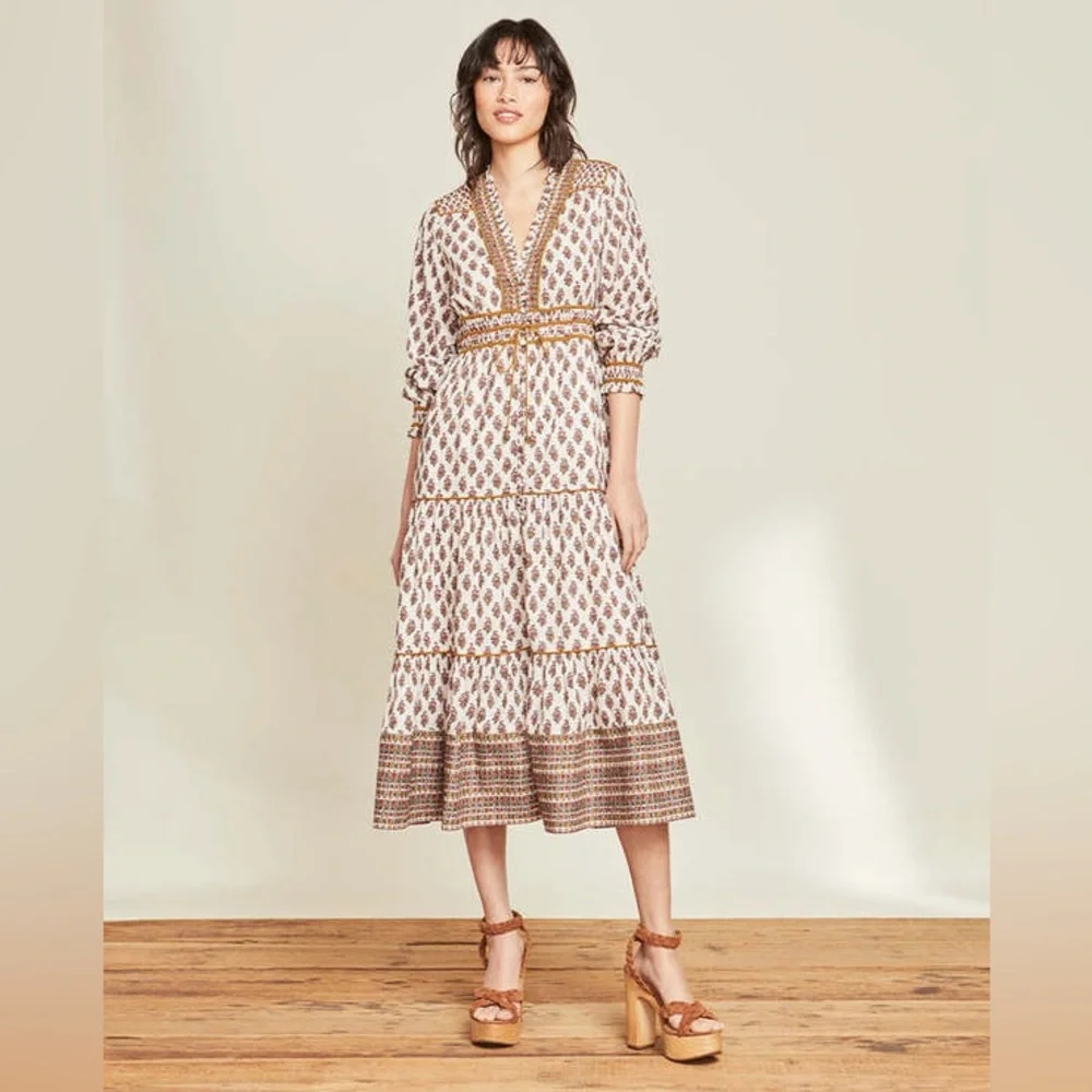 Veronica Beard Alessandra Tiered Floral Cotton Midi Dress in Brown Sz:Medium